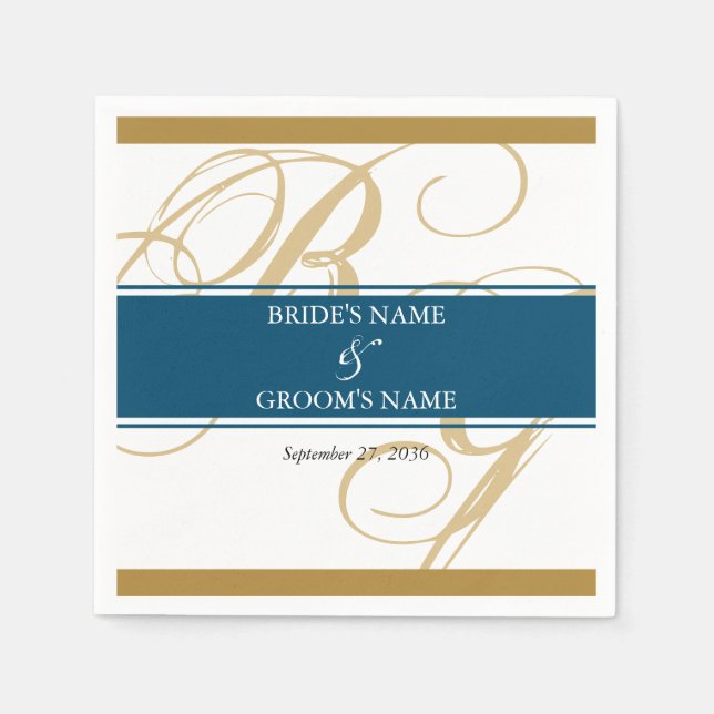 Serviette En Papier Mariage de monogramme or Blue Elegant (Devant)
