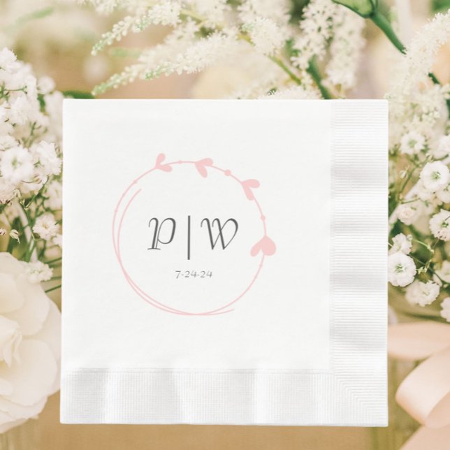 Serviette En Papier Mariage de monogramme rose vif simple coeur (In Situ Wedding)