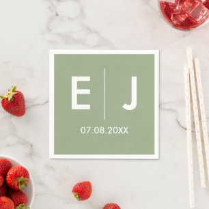 Serviette En Papier Mariage de monogramme vert et blanc Sage