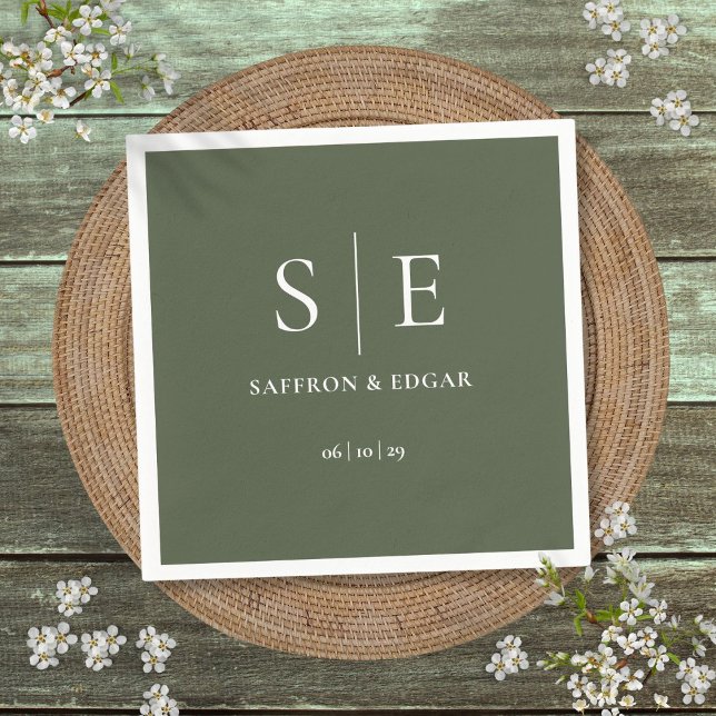 Serviette En Papier Mariage de monogramme vert olive (Olive Green Monogram Wedding Napkins)
