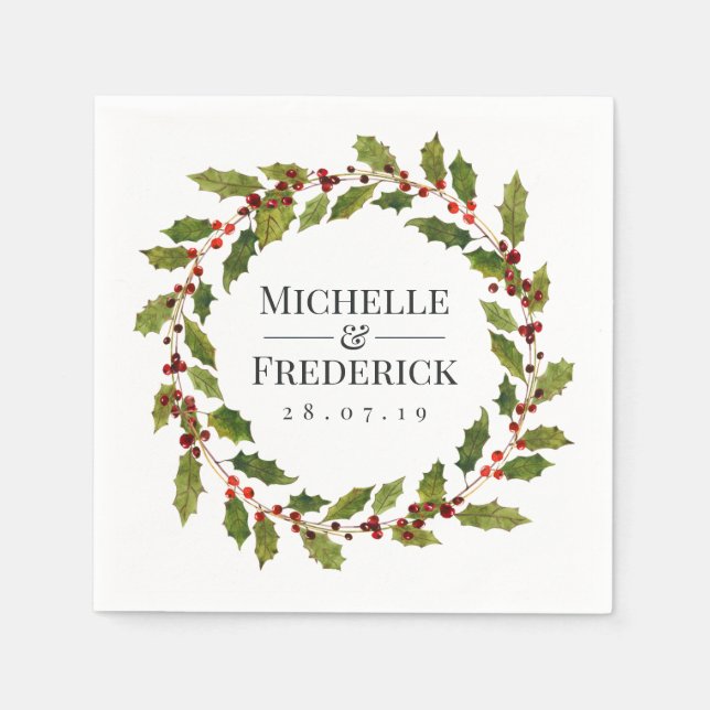 Serviette En Papier Mariage de Noël Floral Holly Aquarelle (Devant)