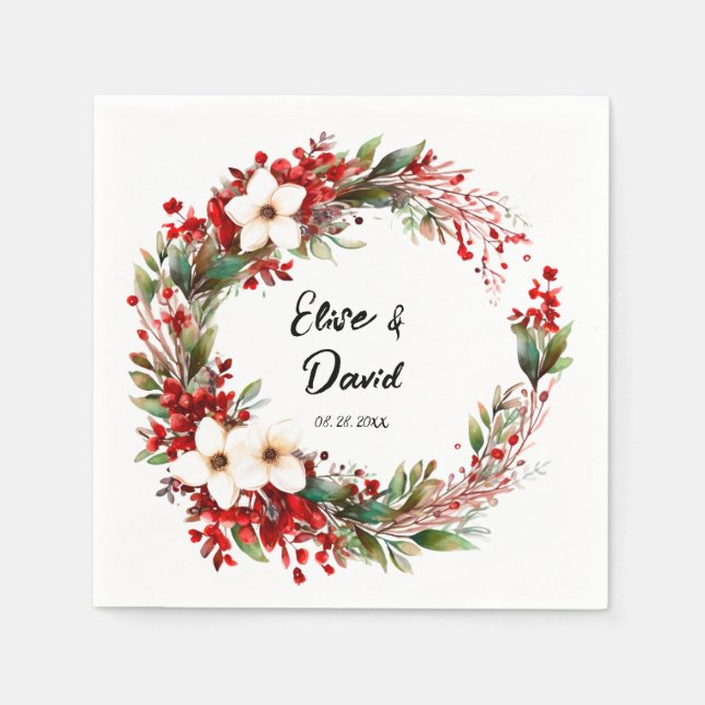 Serviette En Papier Mariage de Noël Poinsettia Wreath (Devant)