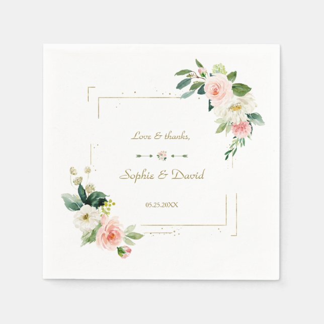 Serviette En Papier Mariage de Parties scintillant or aux fleurs blanc (Devant)