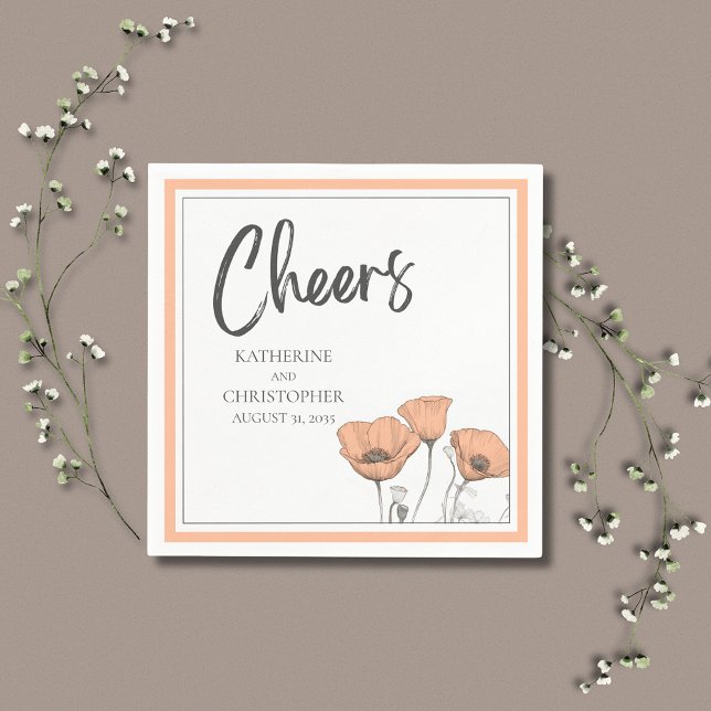 Serviette En Papier Mariage de pavot floral élégant (Peach Poppies Elegant Wedding Cheers Cocktail Napkin with California Poppies.)