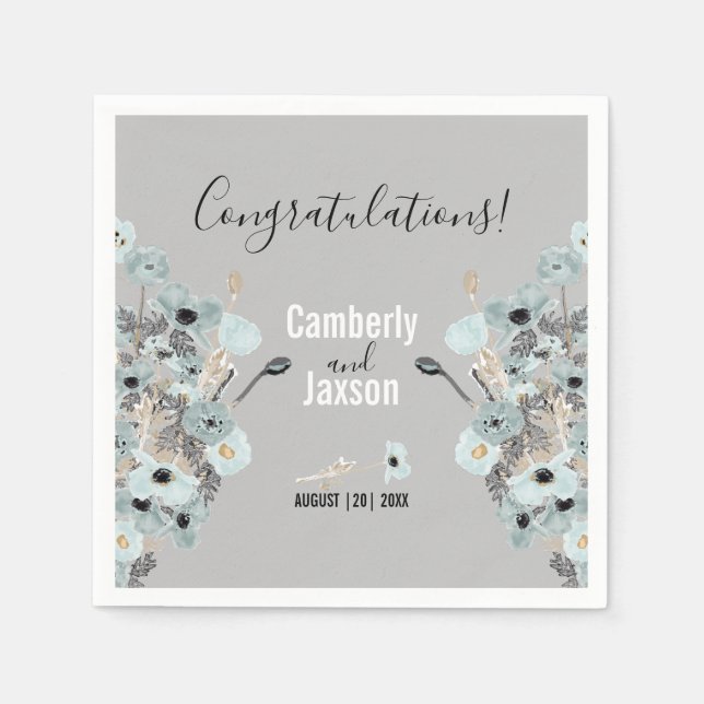 Serviette En Papier Mariage de Poppies Florales bleu et gris (Devant)