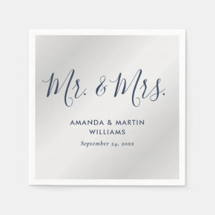 Serviette En Papier Mariage de script bleu et argent de la marine mode