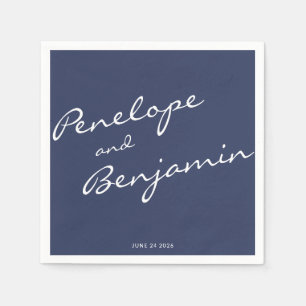 Serviette En Papier Mariage de script bleu minimaliste Boho Navy