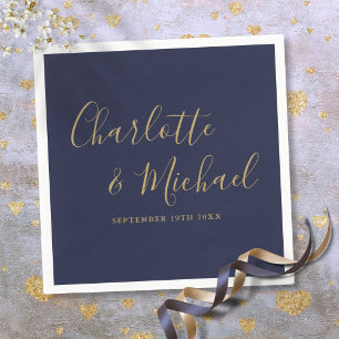 Serviette En Papier Mariage de script de signature bleu et or Marine