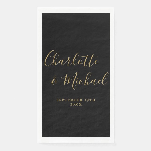 Serviette En Papier Mariage de script de signature noir et or (Devant)