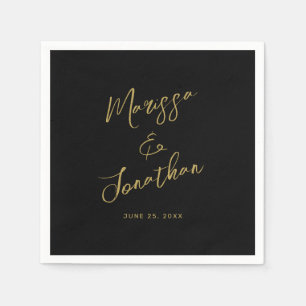 Serviette En Papier Mariage de script lettres d'or noir moderne