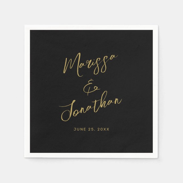 Serviette En Papier Mariage de script lettres d'or noir moderne (Devant)