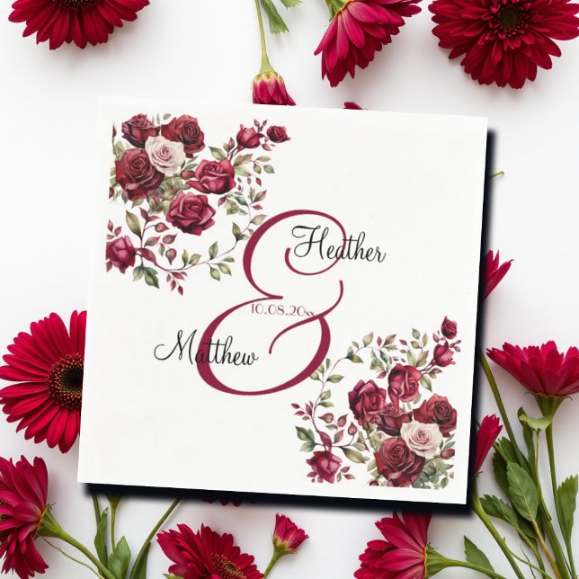 Serviette En Papier Mariage de script moderne floral de Bourgogne (Créateur téléchargé)