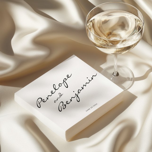 Serviette En Papier Mariage de script noir blanc minimaliste personnal (Créateur téléchargé)