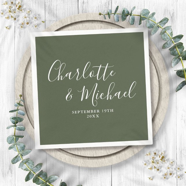 Serviette En Papier Mariage de script Olive Green Elegant (Olive Green Elegant Signature Script Wedding Napkins)