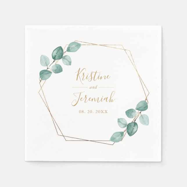 Serviette En Papier Mariage de script or Eucalyptus moderne (Devant)