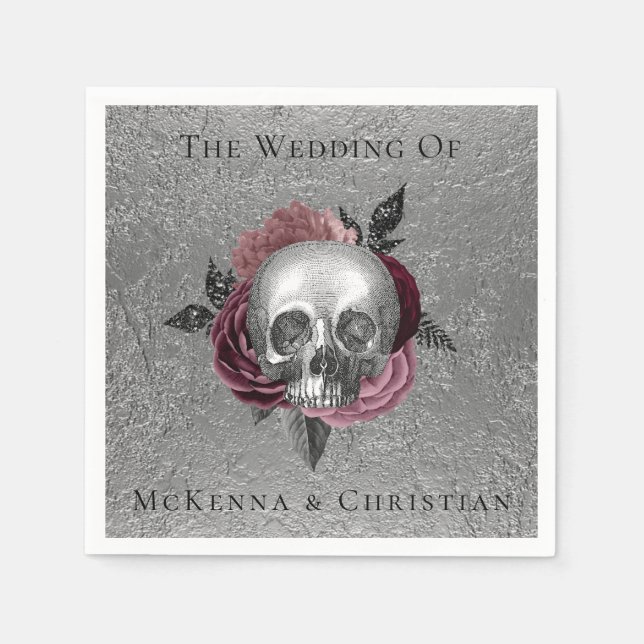 Serviette En Papier Mariage de tête de crâne noir rose argent (Devant)