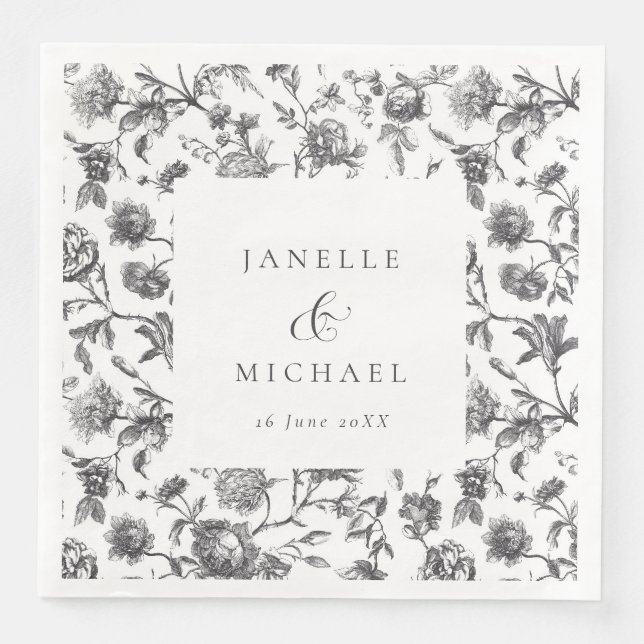 Serviette En Papier Mariage de toile florale noir et blanc antique (Devant)