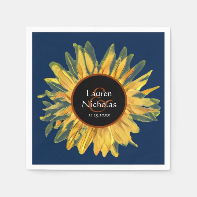 Serviette En Papier Mariage de tournesol bleu rustique personnalisé se (Devant)