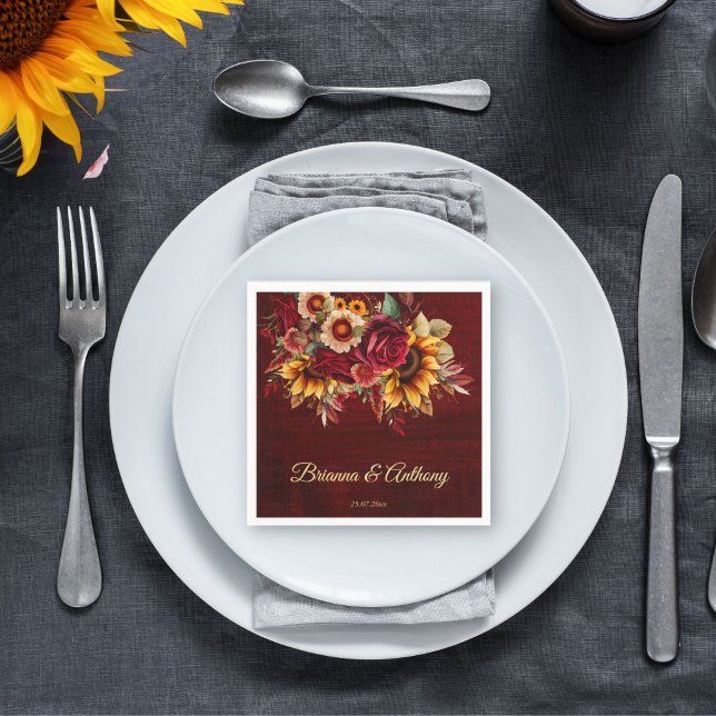 Serviette En Papier Mariage de tournesol d'automne monogramme Bourgogn (Fall sunflower wedding burgundy monogram printed napkins template personalized sunflower tableware)