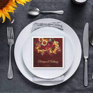 Serviette En Papier Mariage de tournesol d'automne monogramme Bourgogn