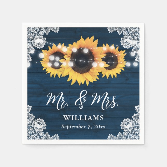 Serviette En Papier Mariage de tournesol en dentelle de bois rustique  (Devant)
