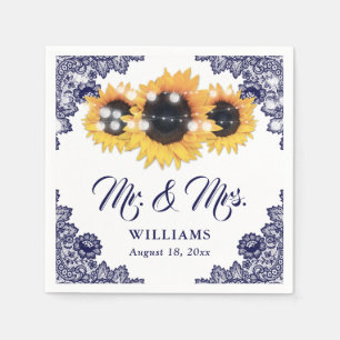 Serviette En Papier Mariage de tournesol en dentelle rustique bleu mar