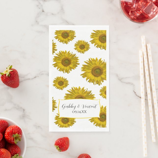 Serviette En Papier Mariage de tournesols rayés jaunes (En situation)