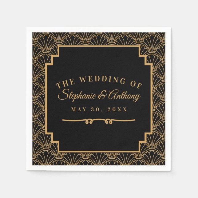 Serviette En Papier Mariage de ventilateur Art déco noir et or (Devant)