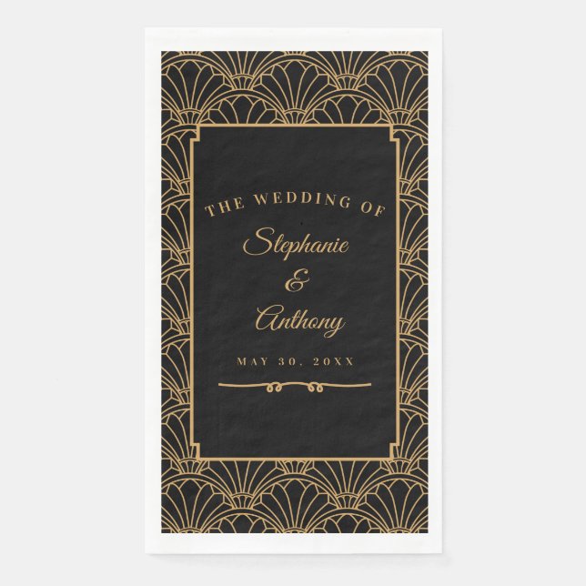 Serviette En Papier Mariage de ventilateur Art déco noir et or (Devant)