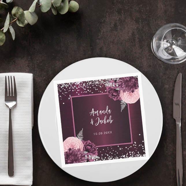 Serviette En Papier Mariage des fleurs d'argent de Bourgogne (Créateur téléchargé)