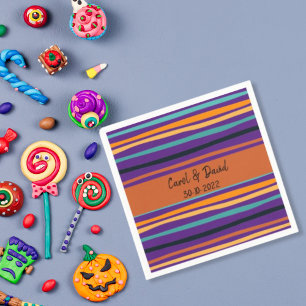 Serviette En Papier Mariage d'Halloween Orange moderne violet rayé