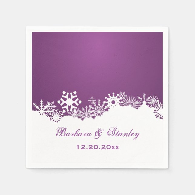 Serviette En Papier Mariage d'hiver blanc violet Snowflake moderne (Devant)