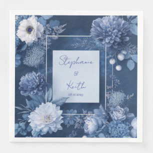 Serviette En Papier Mariage d'hiver monochrome bleu marine blanc flora