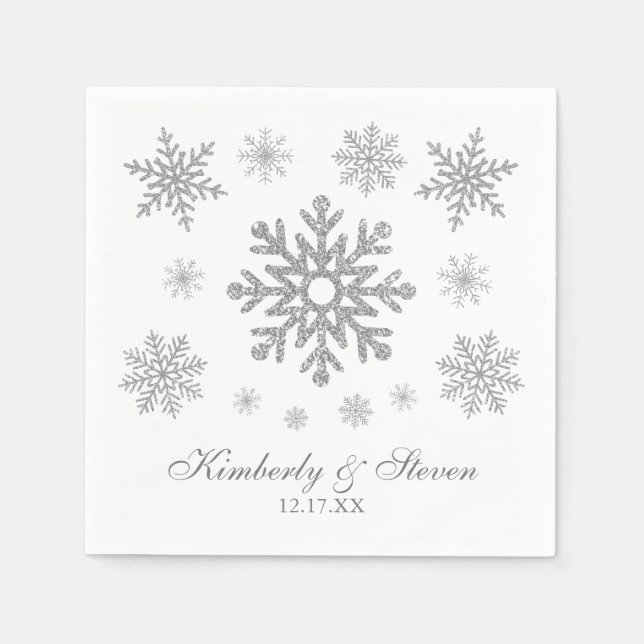 Serviette En Papier Mariage d'hiver Silver Snowflake Napkins (Devant)