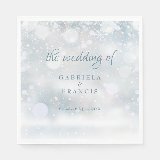Serviette En Papier Mariage d'hiver Snowflakes Élégant Script (Devant)