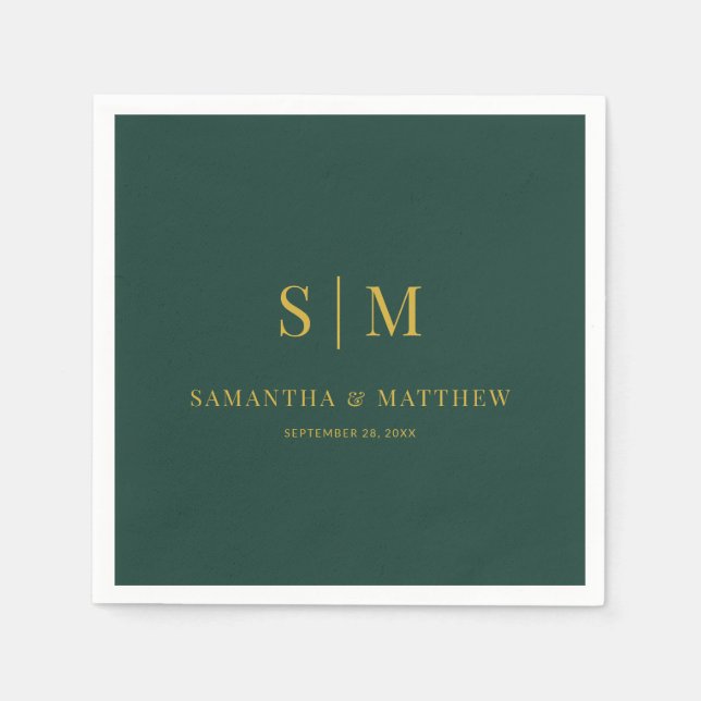 Serviette En Papier Mariage d'initiaux simples vert et or (Devant)