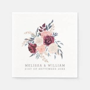 Serviette En Papier Mariage d'or Rose floral de Bourgogne moderne