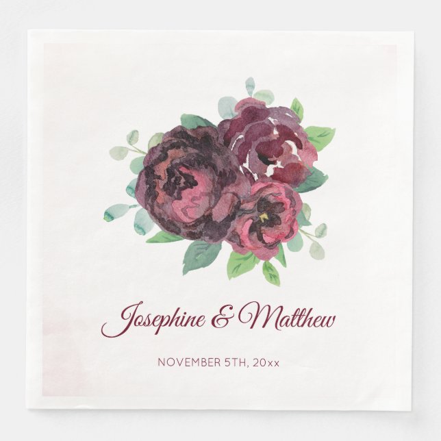Serviette En Papier Mariage du bouquet de roses de Bourgogne (Devant)