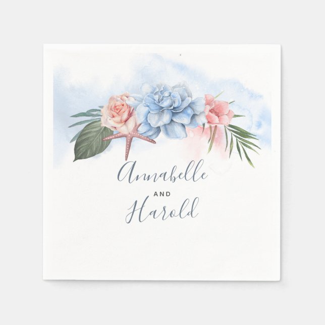 Serviette En Papier Mariage Dusty Blue et Blush Beach (Devant)