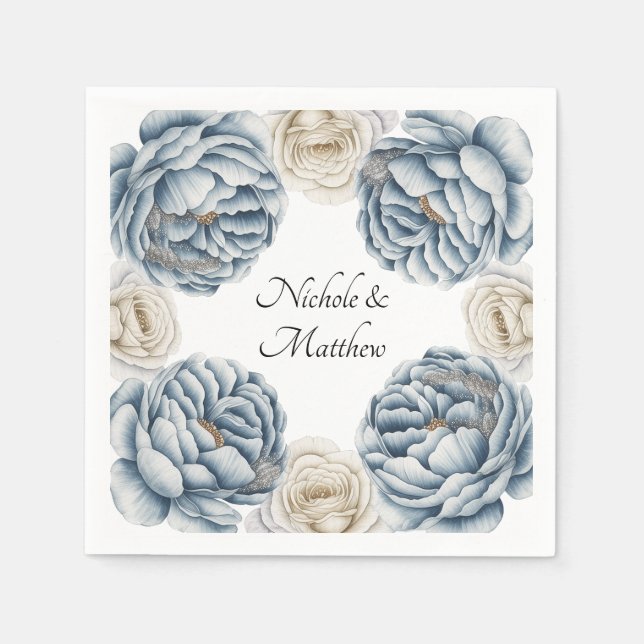 Serviette En Papier Mariage Dusty Blue & White Peony (Devant)