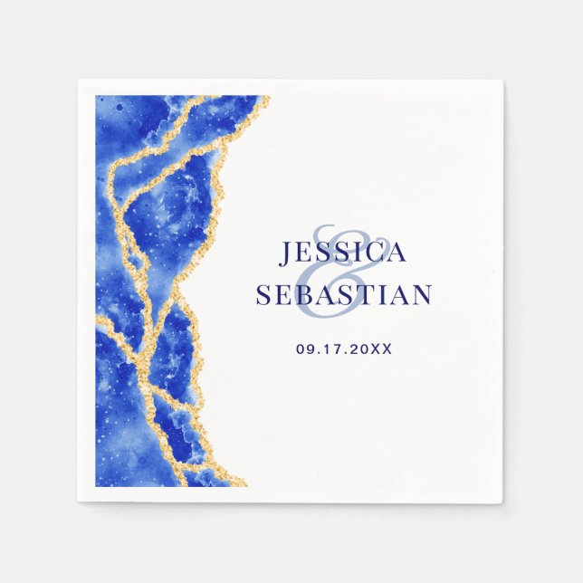 Serviette En Papier Mariage élégant blanc, bleu royal et agate dorée (Devant)