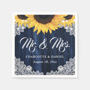Serviette En Papier Mariage élégant bleu marine Bois Dentelle Soleil