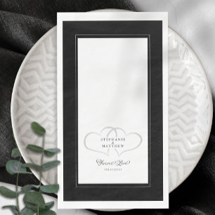 Serviette En Papier Mariage Élégant Cœurs Noir & Blanc Amour Éternel