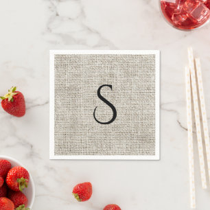 Serviette En Papier Mariage élégant faux lin monogramme noir