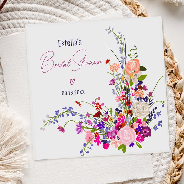 Serviette En Papier Mariage élégant fleurs sauvages chic moderne écrit (Modern chic wild flowers script bridal shower napkins)