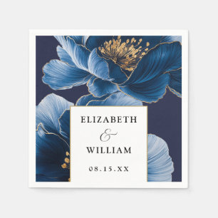 Serviette En Papier Mariage élégant moderne bleu marine et or floral