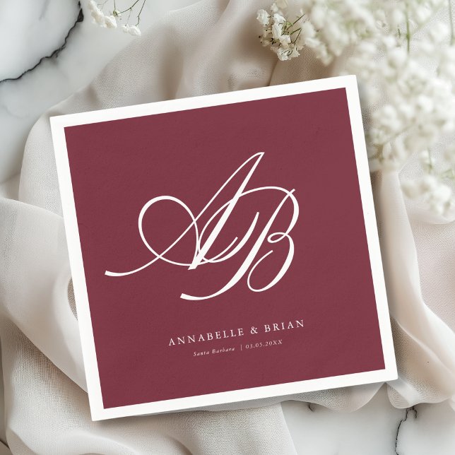 Serviette En Papier Mariage Élégant Monogramme Bourgogne  (Elegant Monogram Burgundy Wedding Napkins)
