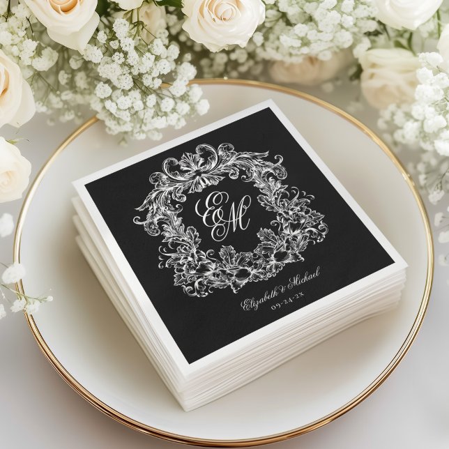 Serviette En Papier Mariage Élégant Monogramme Crête Script Blanc Noir (Créateur téléchargé)