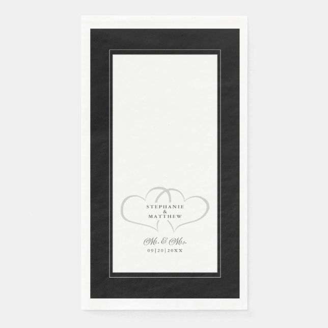 Serviette En Papier Mariage élégant Mr & Mrs Black White Coeurs Chic (Devant)