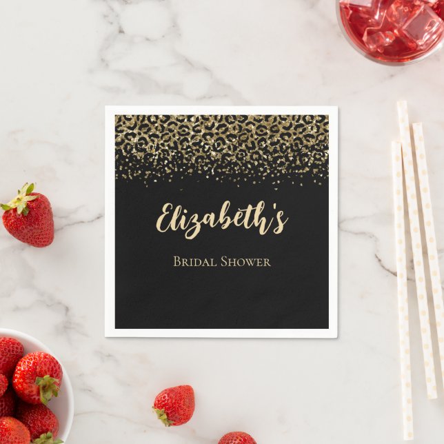 Serviette En Papier Mariage élégant pailleté impression léopard or noi (En situation)